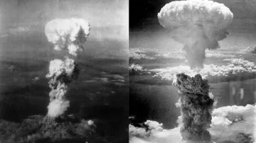 Exploze atomové bomby v Hirošimě (vlevo) a Nagasaki (vpravo)
