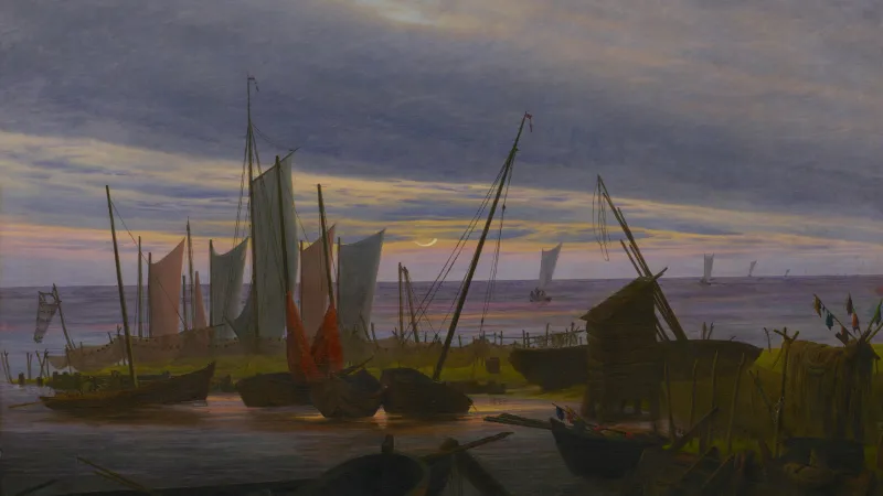 Lodě večer v přístavu, 1828