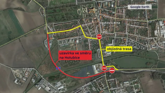 Mapa objízdné trasy Slavkovem