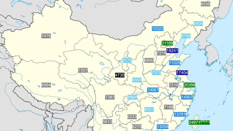 Čínské regiony a jejich HDP na osobu v dolarech podle Světové banky v roce 2018