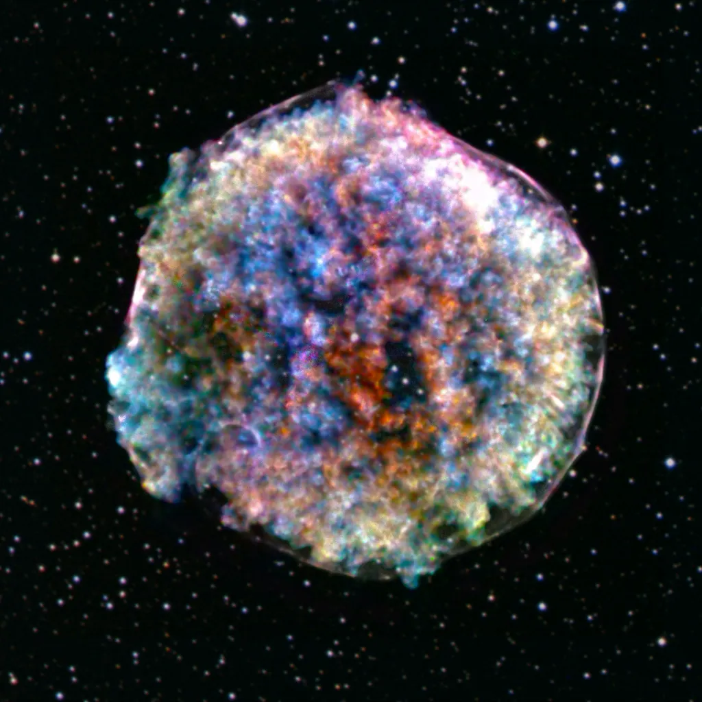Rentgenová observatoř Chandra pořídila snímek umírající hvězdy. Jedná se o zbytek supernovy Tycho, v níž bílý trpaslík pohlcuje materiál nedaleké hvězdy – to způsobilo explozi, která vyvrhla pozůstatky po zničené hvězdě do kosmického prostoru