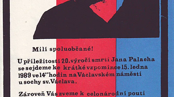 Leták s informacemi o shromážděních konaných při příležitosti 20. výročí sebeupálení Jana Palacha