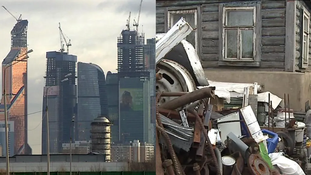 Moskevské mrakodrapy a dřevěnka v Těrechově