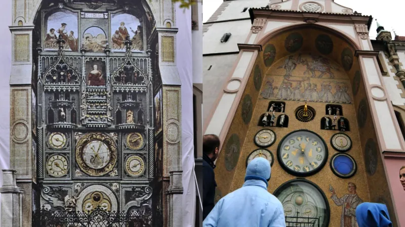 Předválečnou podobu orloje připomněla plachta, která orloj zakrývala během jeho nedávné rekonstrukce. Vpravo je současná podoba orloje podle návrhu Karla Svolinského