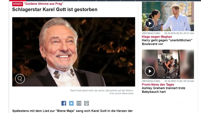 Server německé zpravodajské stanice n-tv informuje o úmrtí Karla Gotta