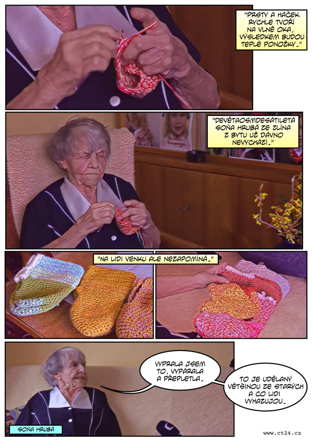 Devětaosmdesátiletá seniorka háčkuje ponožky pro nemocnice