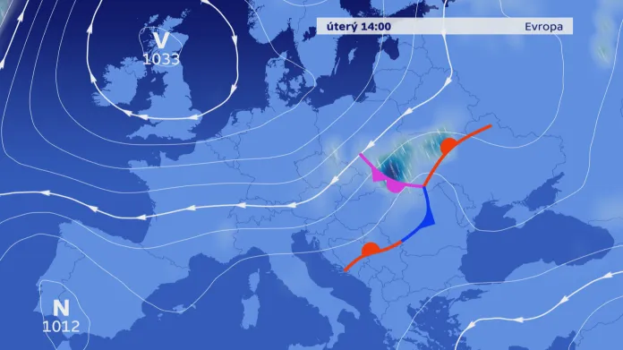 Kolem tlakové níže nad Britskými ostrovy bude do Česka proudit od SV studený vzduch
