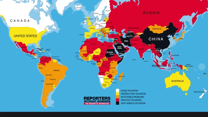 Mapa svobody tisku podle Reportérů bez hranic