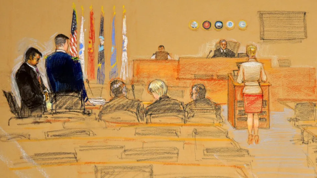Skica procesu vojenského soudu na Guantánamu