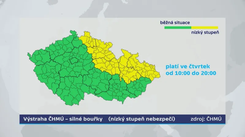 Výstraha na silné bouřky. Platí 12. 5. do 22:00 a 13. 5. od 10:00 do 20:00