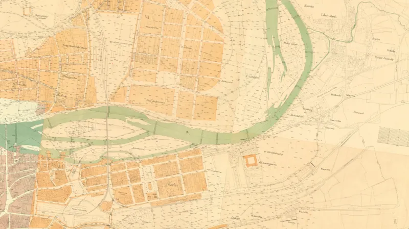 Dvě Prahy: Koryto Vltavy, Rohanský ostrov a území dnešního Karlína. Mapa z roku 1889