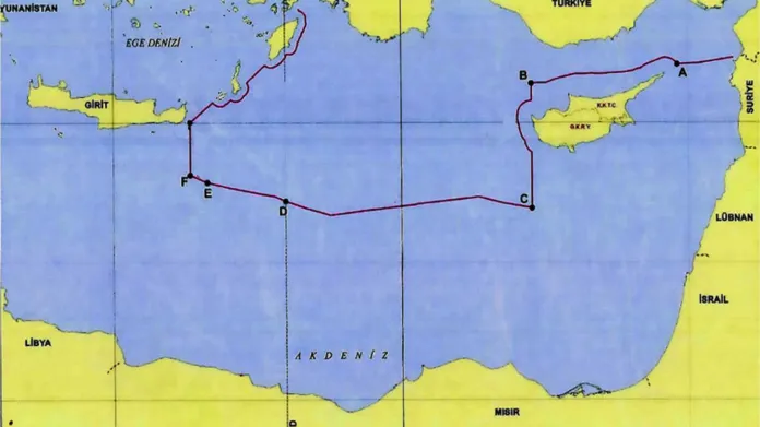 Námořní hranice podle představ Turecka. Mapu publikoval turecký diplomat Cagatay Erciyes