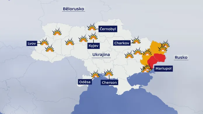 Mapa bojů na území Ukrajiny