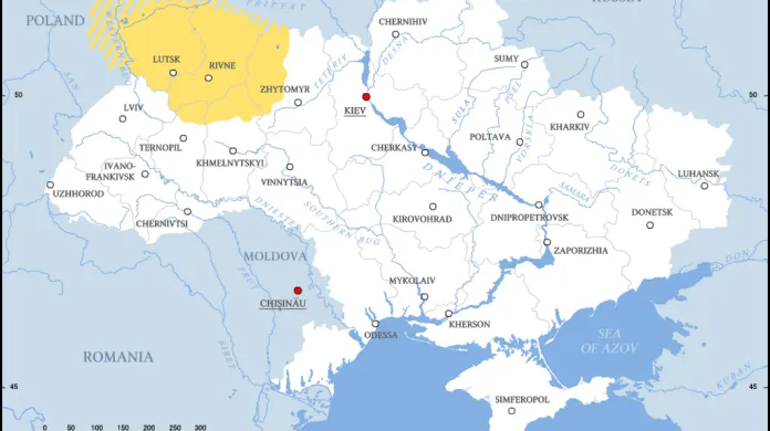 Volyň na současné mapě rozdělená mezi Ukrajinu, Polsko a z malé části i Bělorusko