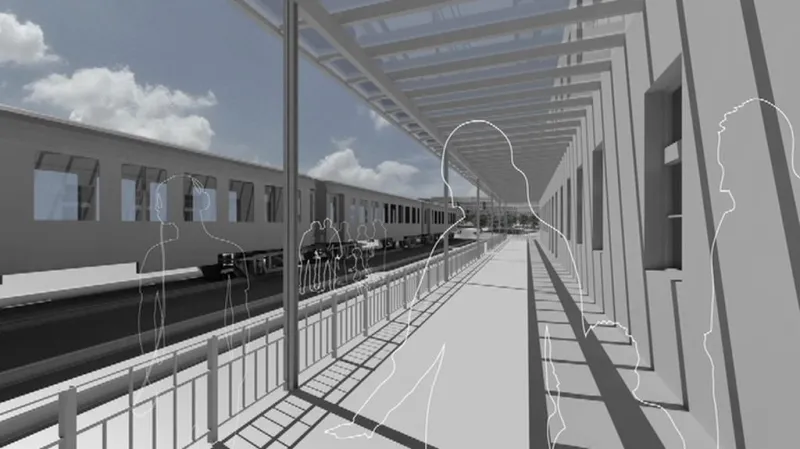 Vizualizace vlaku, který návštěvníky památníku odveze do suterénu