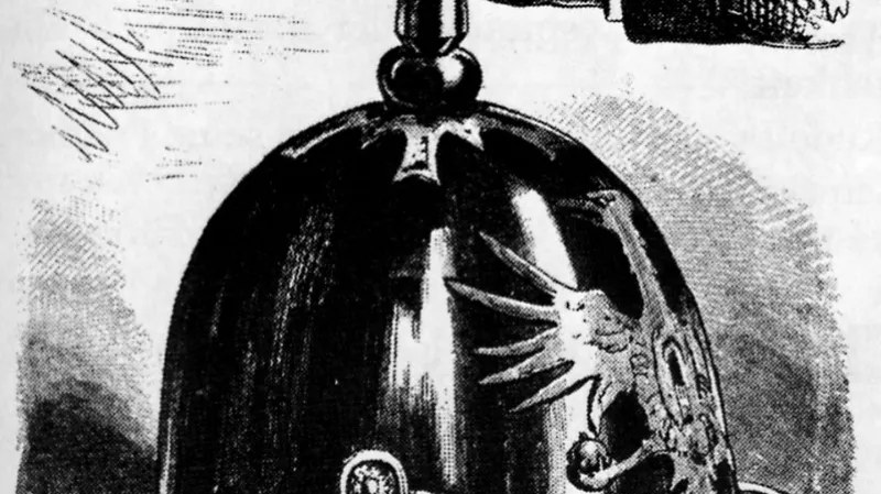 „Budoucnost Německa“ - karikatura z rakouského časopisu Kikeriki (1870) zobrazující německé obyvatelstvo pod pruskou vojenskou helmou