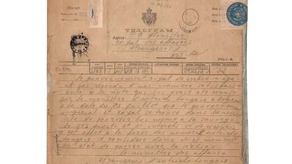 Telegram, jímž Rakousko-Uhersko vyhlásilo válku Srbsku