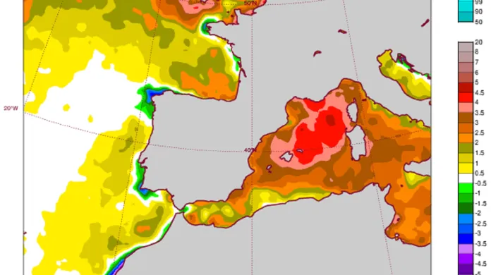 Aktuální odchylka povrchové teploty mořské vody v západním Středomoří