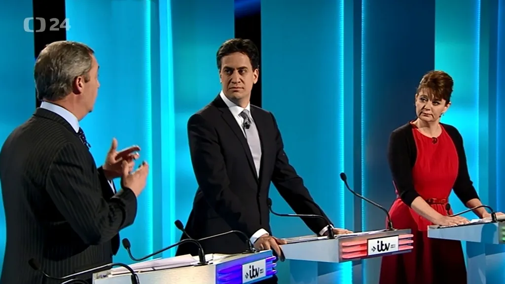 Předvolební debata televize iTV (zleva Nigel Farage, Ed Miliband a Leanne Woodová)