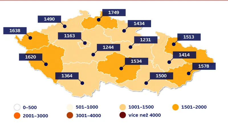 Relativní nemocnost v krajích na 100 000 obyvatel k 21. 2. 2020