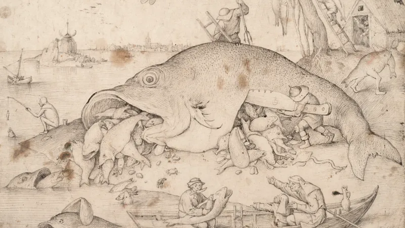 Velké ryby požírají malé, dílo Pietra Bruegela staršího z roku 1556 patří do sbírek Albertiny