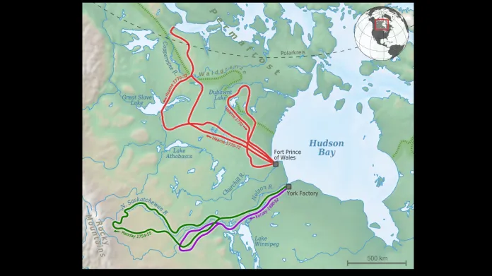 Mapa výpravy Samuela Hearneho