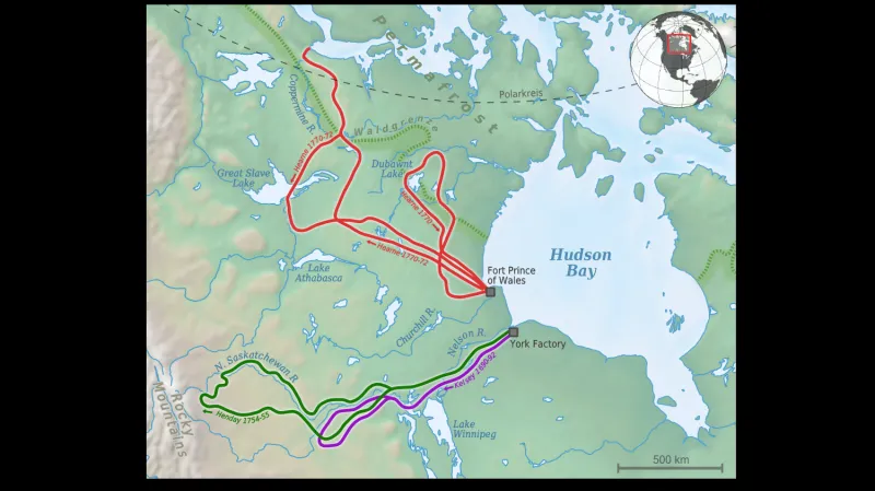 Mapa výpravy Samuela Hearneho