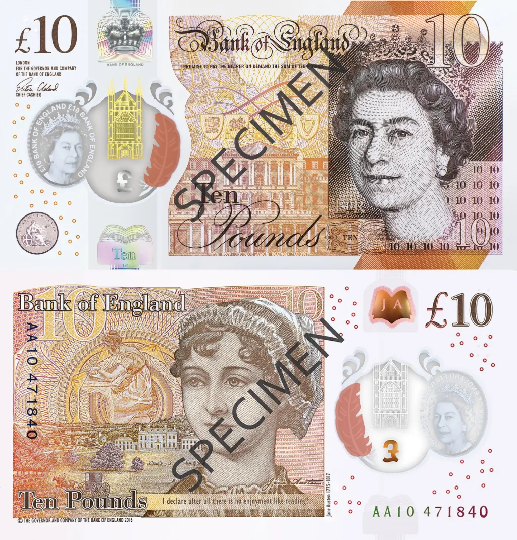 Dosavadní bankovka s královnou Alžbětou II. a Jane Austenovou v hodnotě deset liber (v oběhu od 14. 9. 2017)