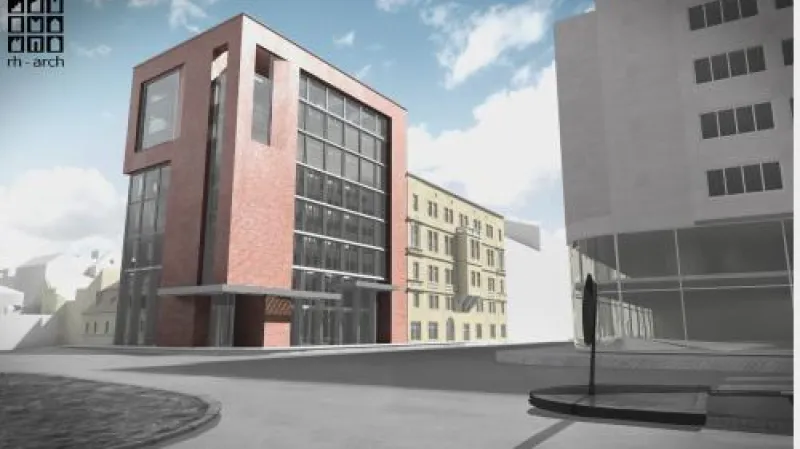 Vizualizace budovy, která by měla nahradit novorenesanční dům z roku 1869 na rohu ulic Revoluční a Nové mlýny v Praze.