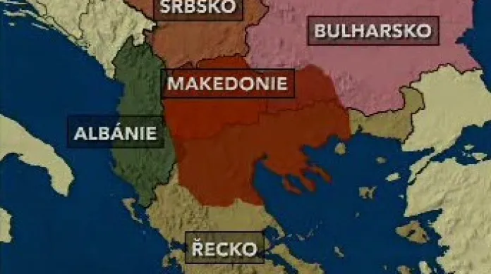 Balkán (červeně historické území Makedonie)