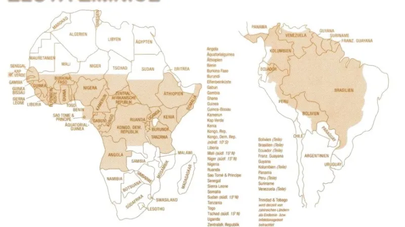 Mapa výskytu žluté zimnice