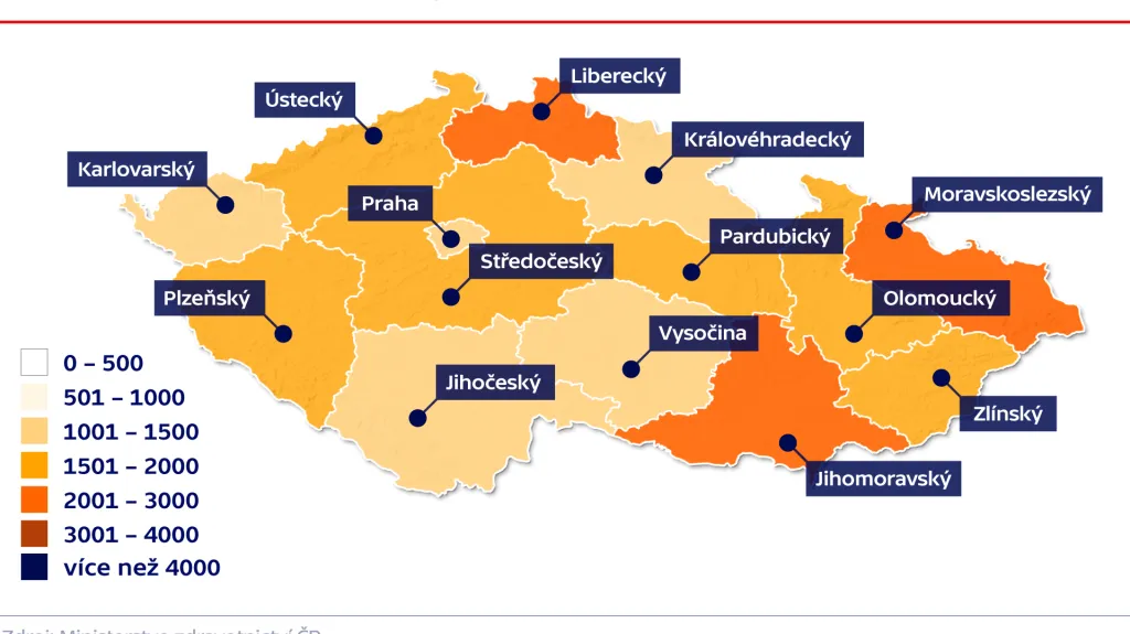 Relativní nemocnost v krajích na 100 000 obyvatel
