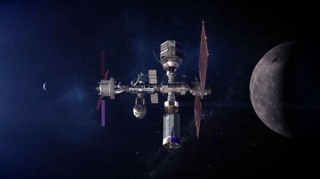 Vizualizace stanice Gateway na oběžné dráze Měsíce