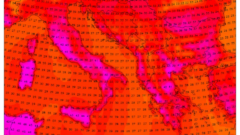 Úterní maxima v Itálii místy přesáhnou 40 °C, v nejteplejších lokalitách zřejmě i 45 °C