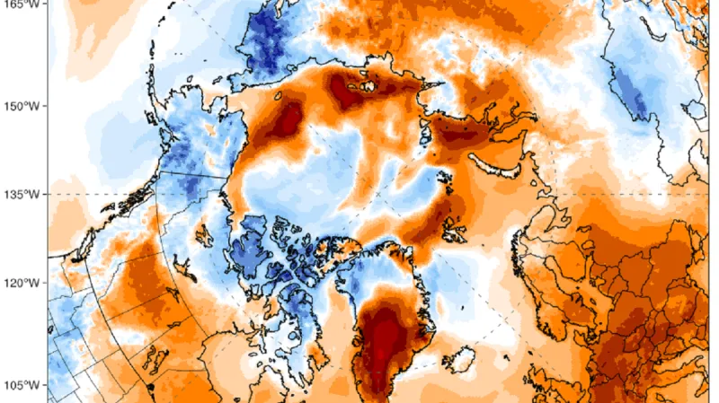 Očekáváná odchylka za třídenní období do soboty pro severní Evropu ukazuje až 15stupňovou odchylku v jižní polovině Grónska