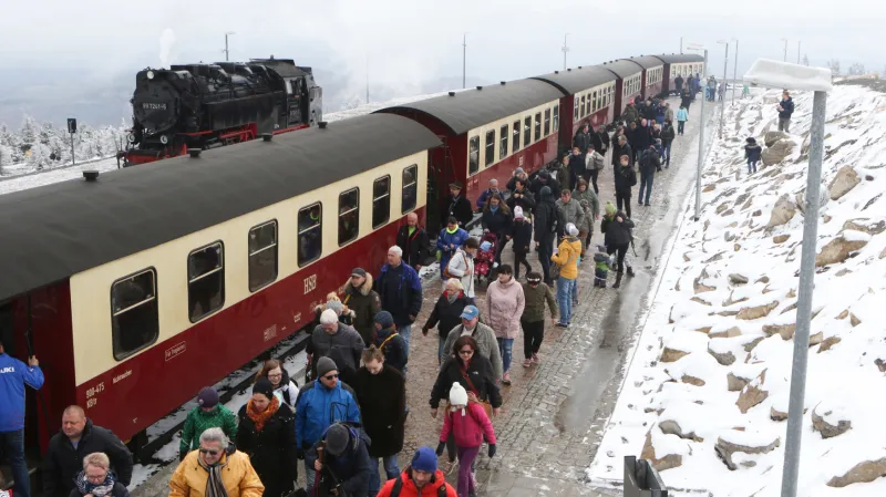 Sníh na Brockenu, nejvyšší hoře v pohoří Harz ve středním Německu.