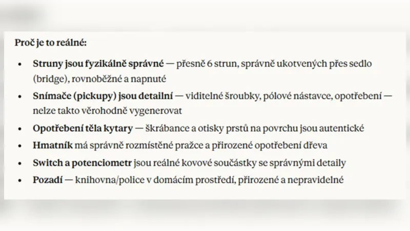 Jak AI Claude hodnotila pravost fotografie kytary