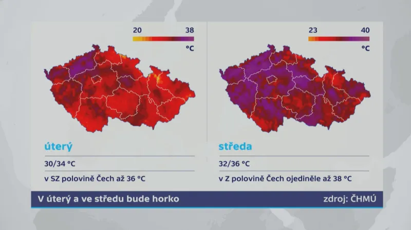 Očekávané teploty 19. a 20. 7. 2022