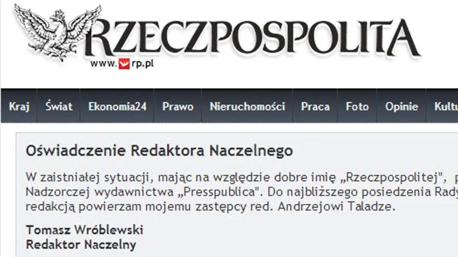 Šéfredaktor deníku Rzeczpospolita Tomasz Wróblewski dal k dispozici svou funkci