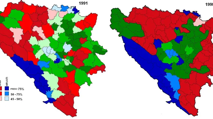 Mapa etnického složení obyvatelstva předválečné a poválečné Bosny a Hercegoviny