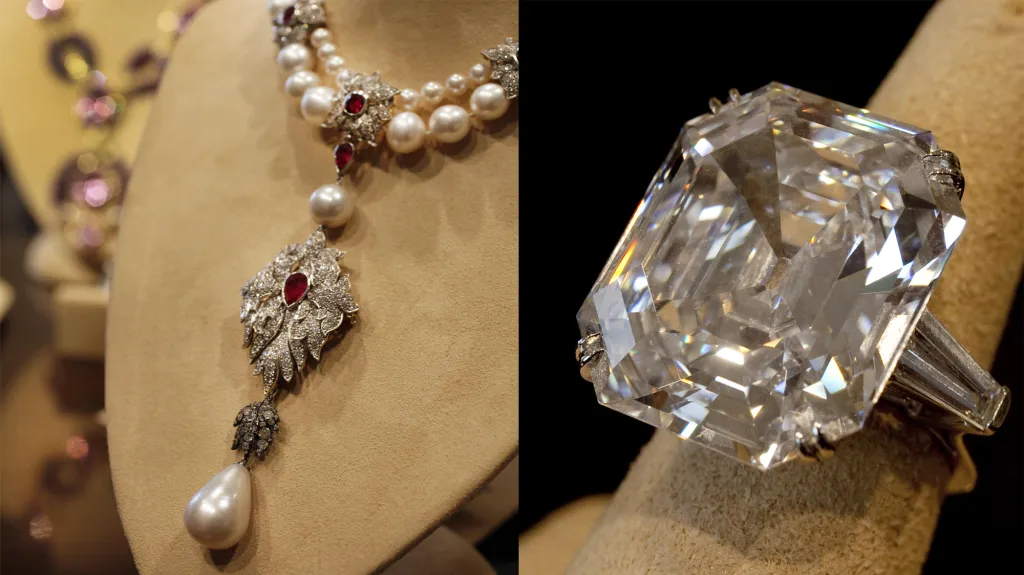 Náhrdelník Peregrina a diamantový prsten Elizabeth Taylorové