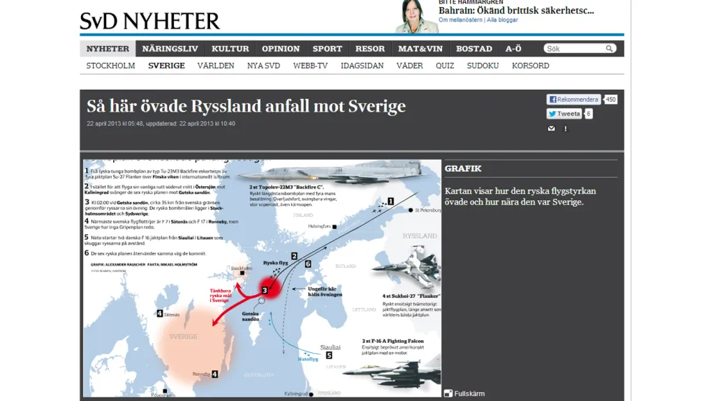 Svenska Dagbladet o ruských letadlech nad Švédskem