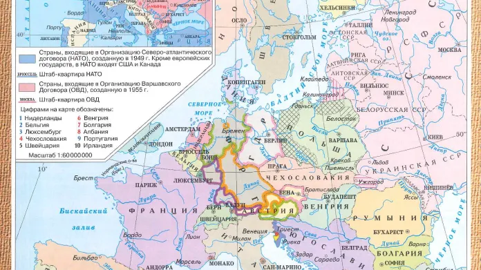 Mapa ze současného ruského školního dějepisného atlasu o územních změnách po druhé světové válce