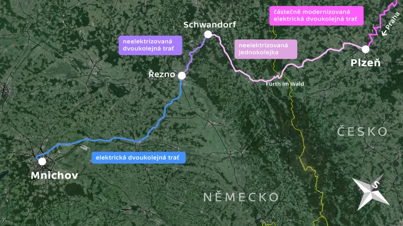 Trať vlaku z Plzňe do Mnichova