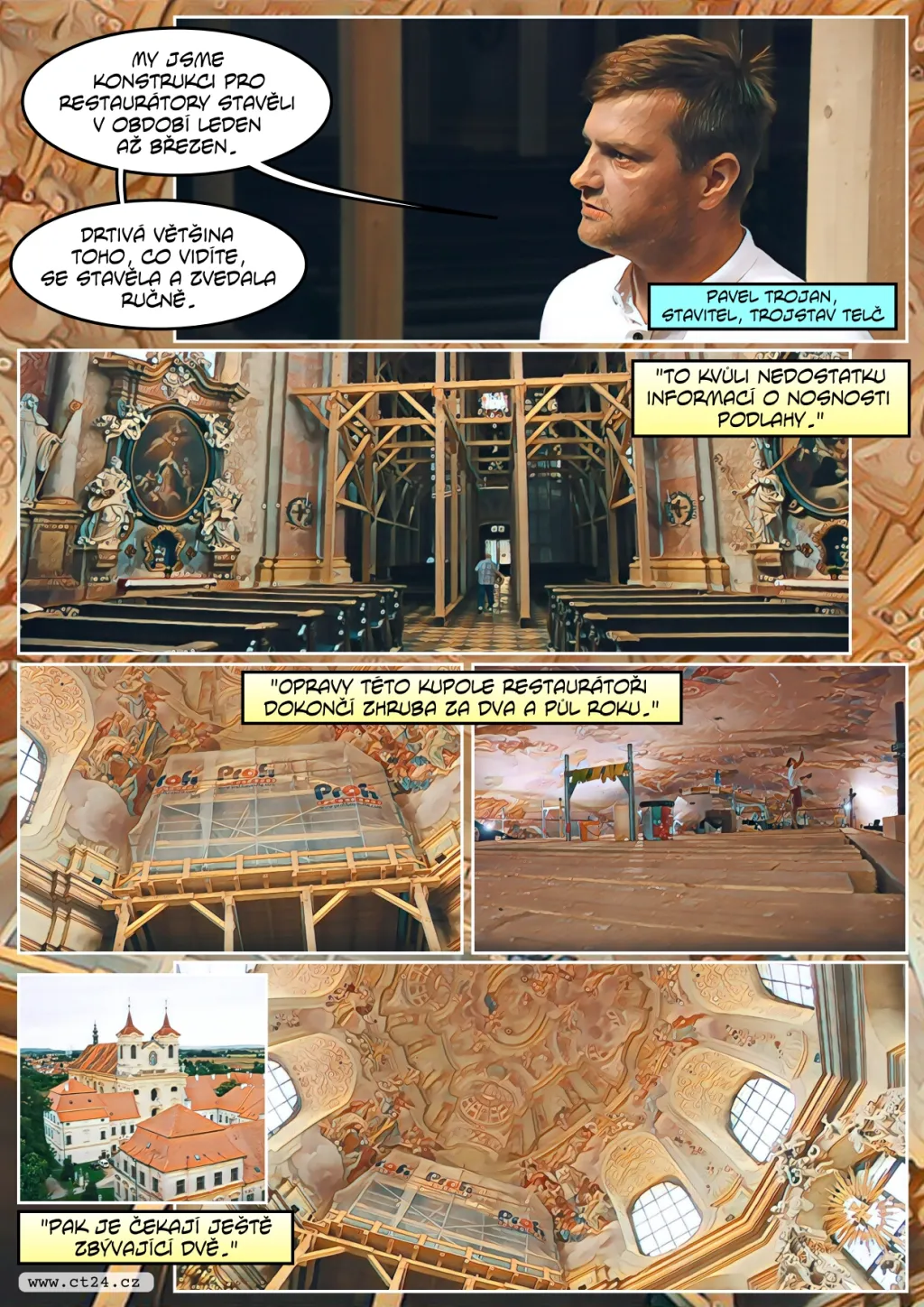 Restaurátoři na vysokém lešení opravují strop kostela v Rajhradě