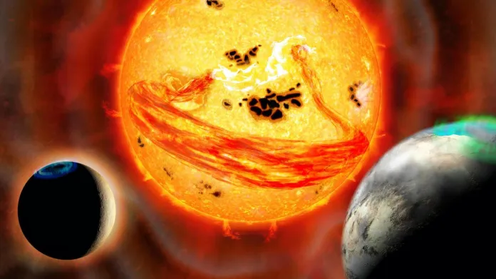 Erupce EK Draconis u jejích dvou planet