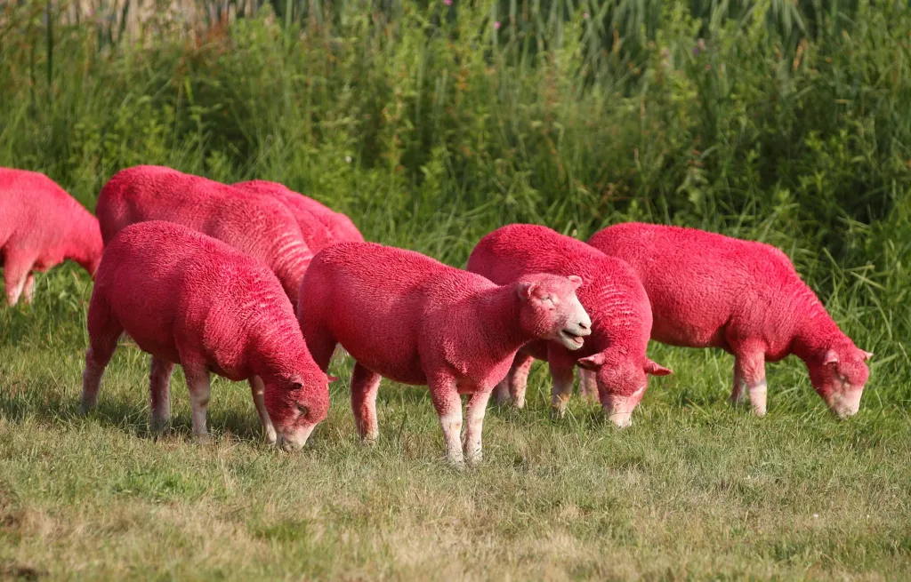 Ovce zbarvené do růžova se pasou na louce během hudebního festivalu Latitude v Henham Parku v Británii. Ovce byly „ozdobeny“ speciální barvou, která se využívá na barvení domácích mazlíčků