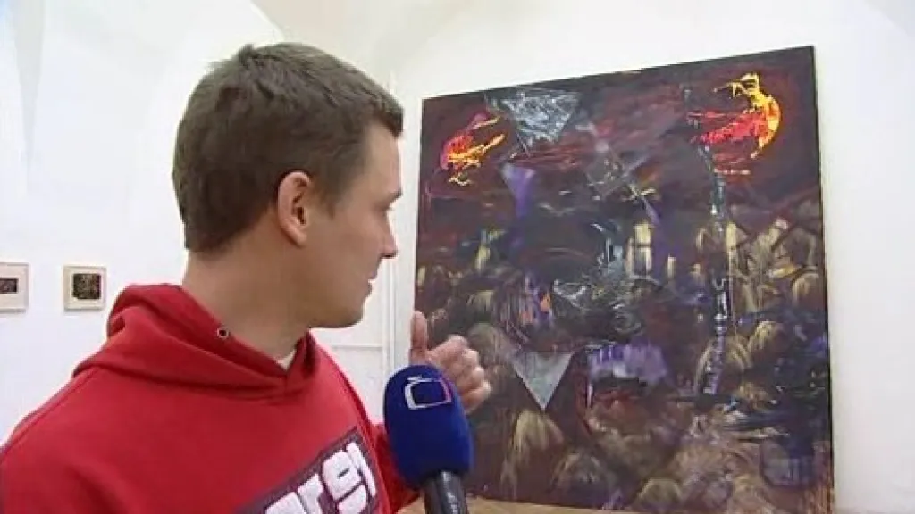 Jeden ze svých obrazů Jan Pražan dokončil až při instalaci výstavy