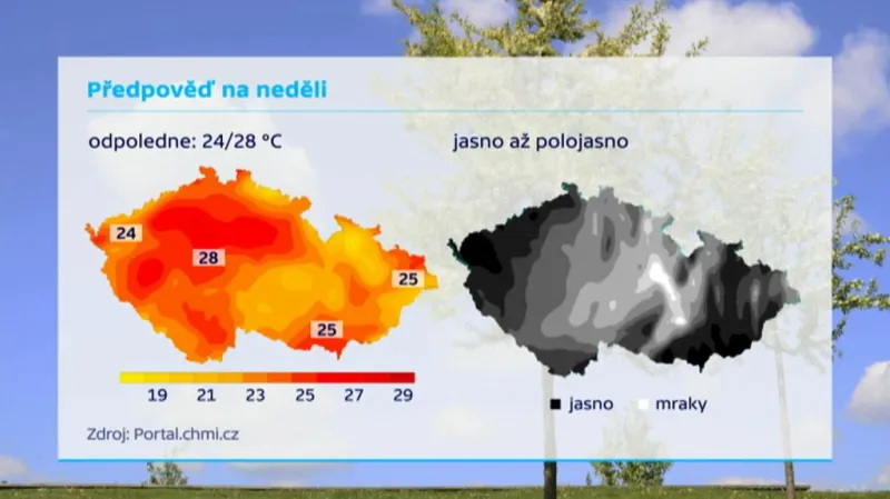 Teplotní mapa pro neděli