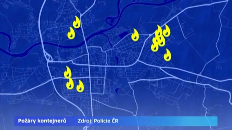 Místa výskytu požárů v Pardubicích